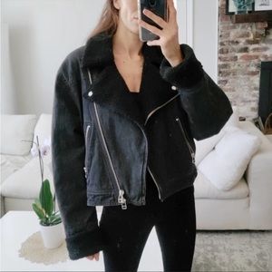 Veronica Beard Rosina Denim Moto Jacket with Sherpa lining